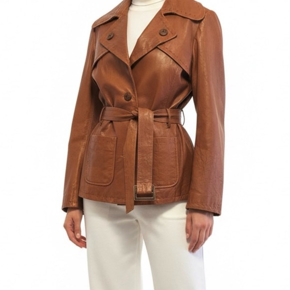 Vintage Brown Leather Trench Patch Pocket Coat - Picture 3 of 7